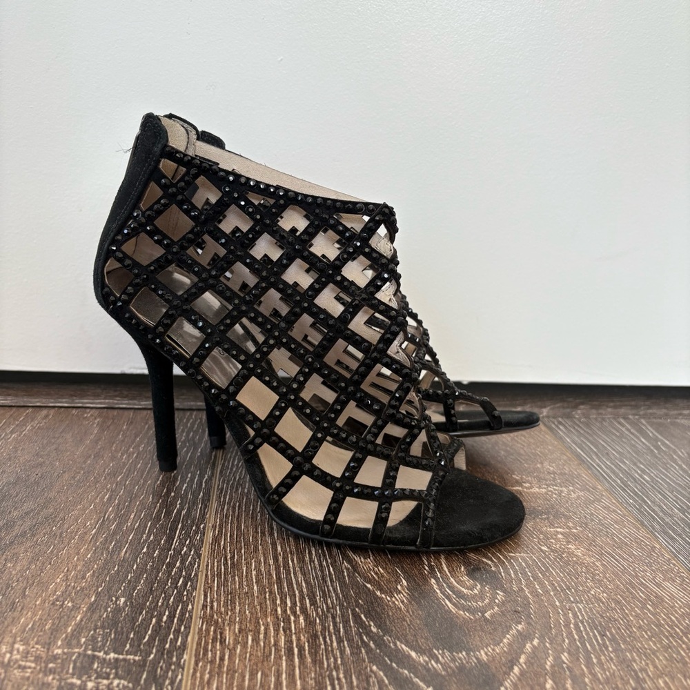 Micheal Kors Black Rhinestone Cutout Open Toe Women's Stiletto Heel Size 5.5